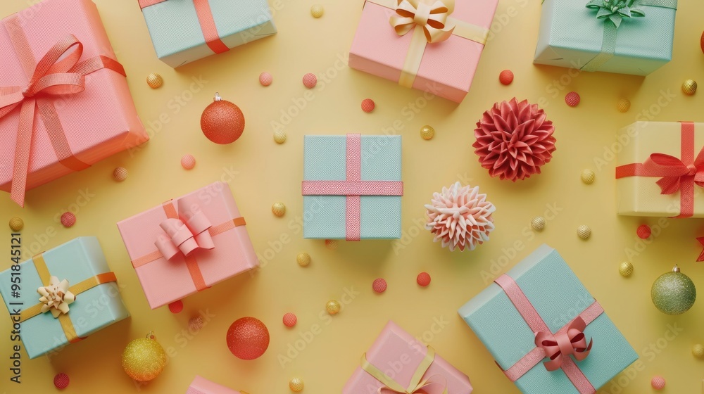 A playful arrangement of pastel gift boxes and decorations against a soft yellow background, perfect for celebrations.