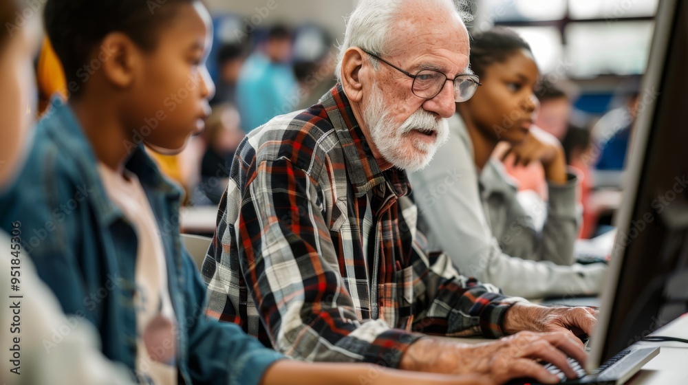 A senior man guides young students in a modern computer lab, fostering intergenerational learning and collaboration through technology and education. A senior man guides young students in a modern computer lab, fostering intergenerational learning and collaboration through technology and education.