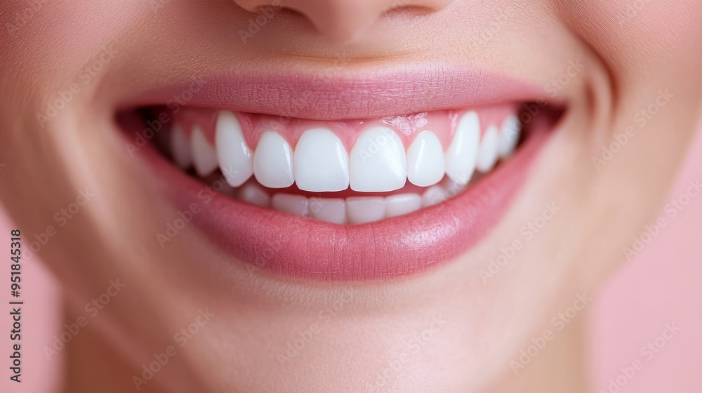 Fototapeta premium Closeup of a smiling mouth perfectly white teeth gentle pink background dental mirror reflecting the teeth fresh and healthy dental care