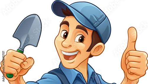 A gardener, farmer or handyman cartoon mascot man holding a gardening tool