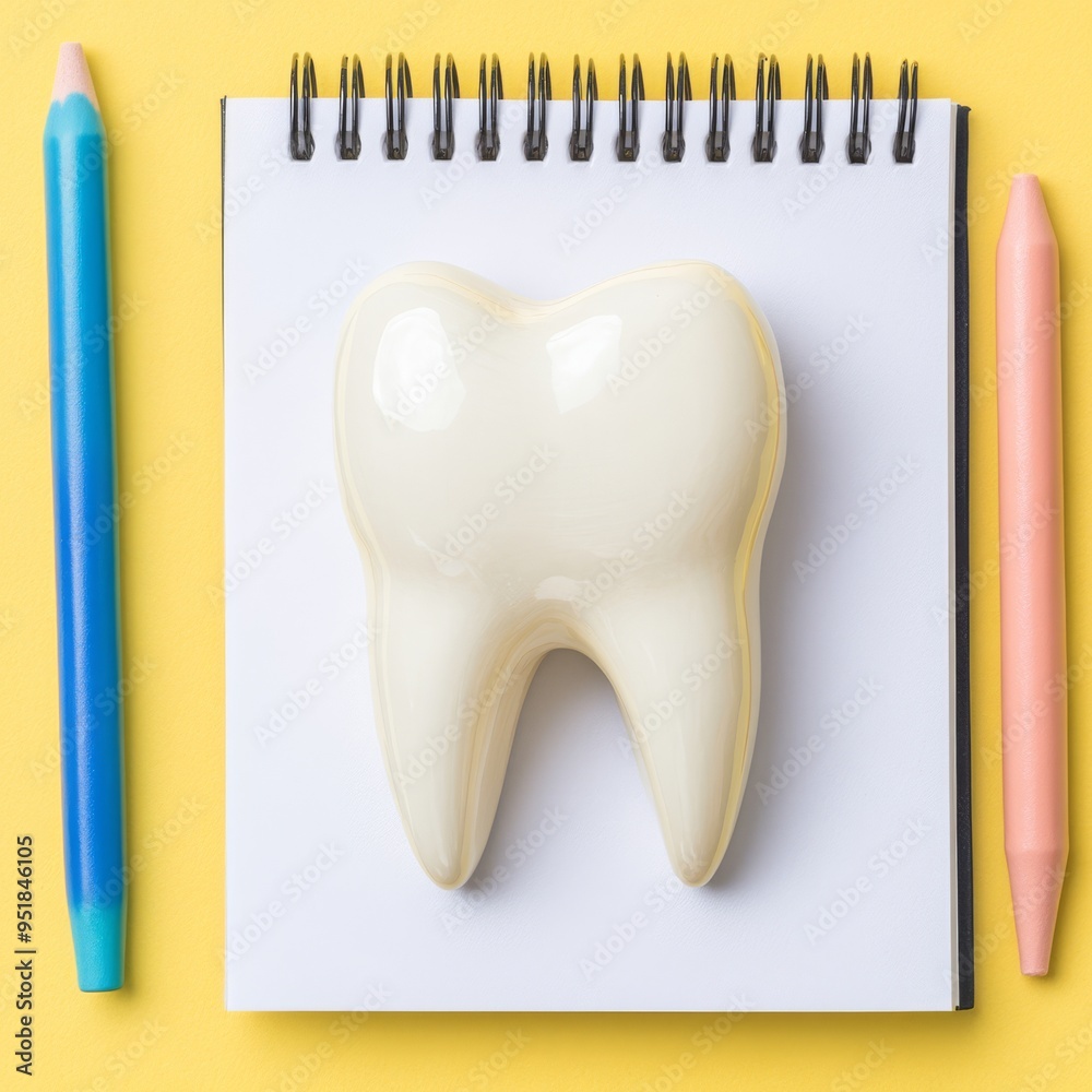 Soft pastel background flat lay design dentist tools neatly arranged tooth model open notebook with dental health tips green and blue accents Soft pastel background flat lay design dentist tools neatly arranged tooth model open notebook with dental health tips green and blue accents