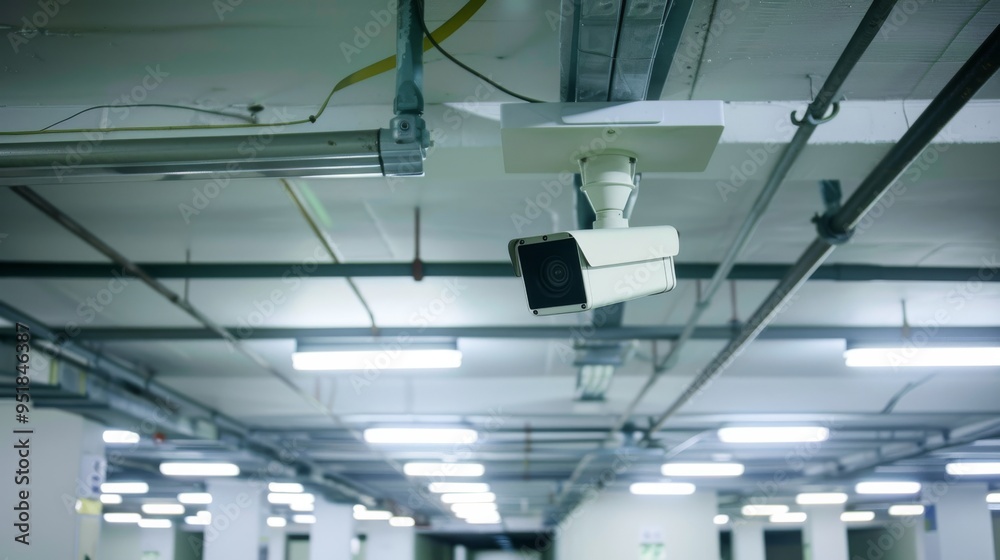 A security camera mounted in an illuminated parking garage silently observes, ensuring safety in the sterile, industrial environment. A security camera mounted in an illuminated parking garage silently observes, ensuring safety in the sterile, industrial environment.
