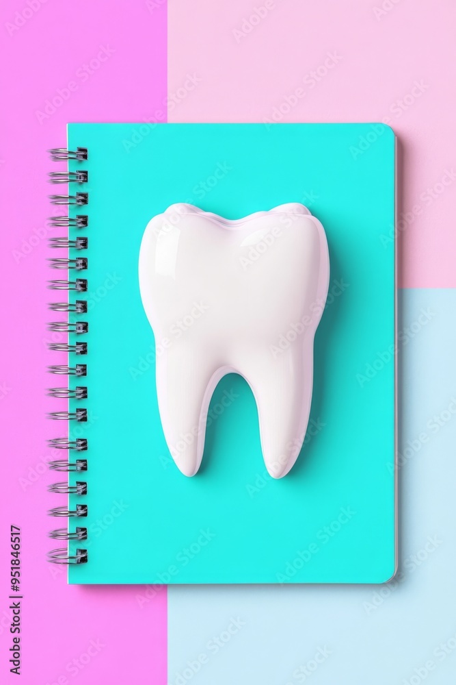 Soft pastel background flat lay design dentist tools neatly arranged tooth model open notebook with dental health tips green and blue accents Soft pastel background flat lay design dentist tools neatly arranged tooth model open notebook with dental health tips green and blue accents