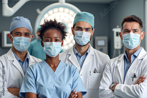 a group of diverse  doctors standing in a hospital