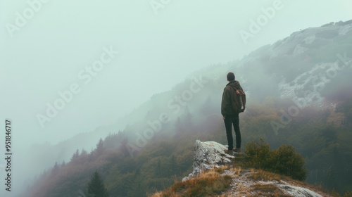 A lone hiker stands on a rocky outcrop, gazing at the misty mountain landscape, surrounded by ethereal fog and dense forest, capturing a moment of introspection and adventure.