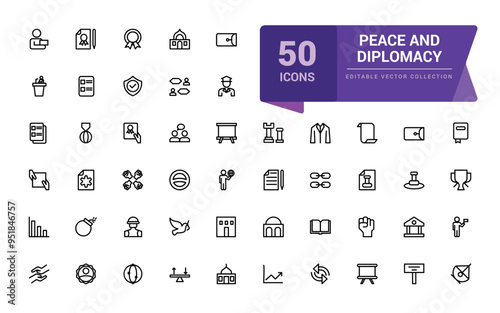 Peace and diplomacy outline icons. Related to international relations. Pixel perfect, minimalistic web and UI icon. Outline icon collections.