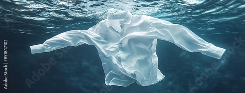 A commercial advertisement style showcasing cleaning clothes in a washing machine or with detergent liquid, featuring floating shirts and dresses underwater surrounded by bubbles, wet splashes

 photo