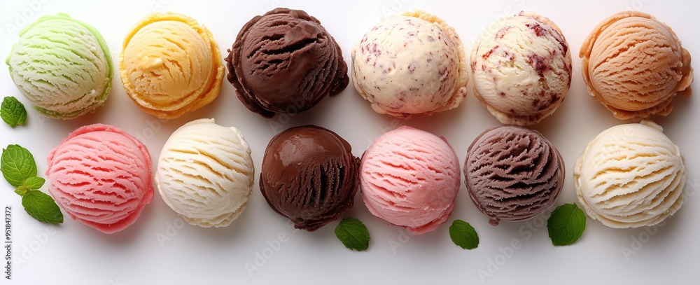 Top view of various ice cream scoops isolated on a white background Top view of various ice cream scoops isolated on a white background
