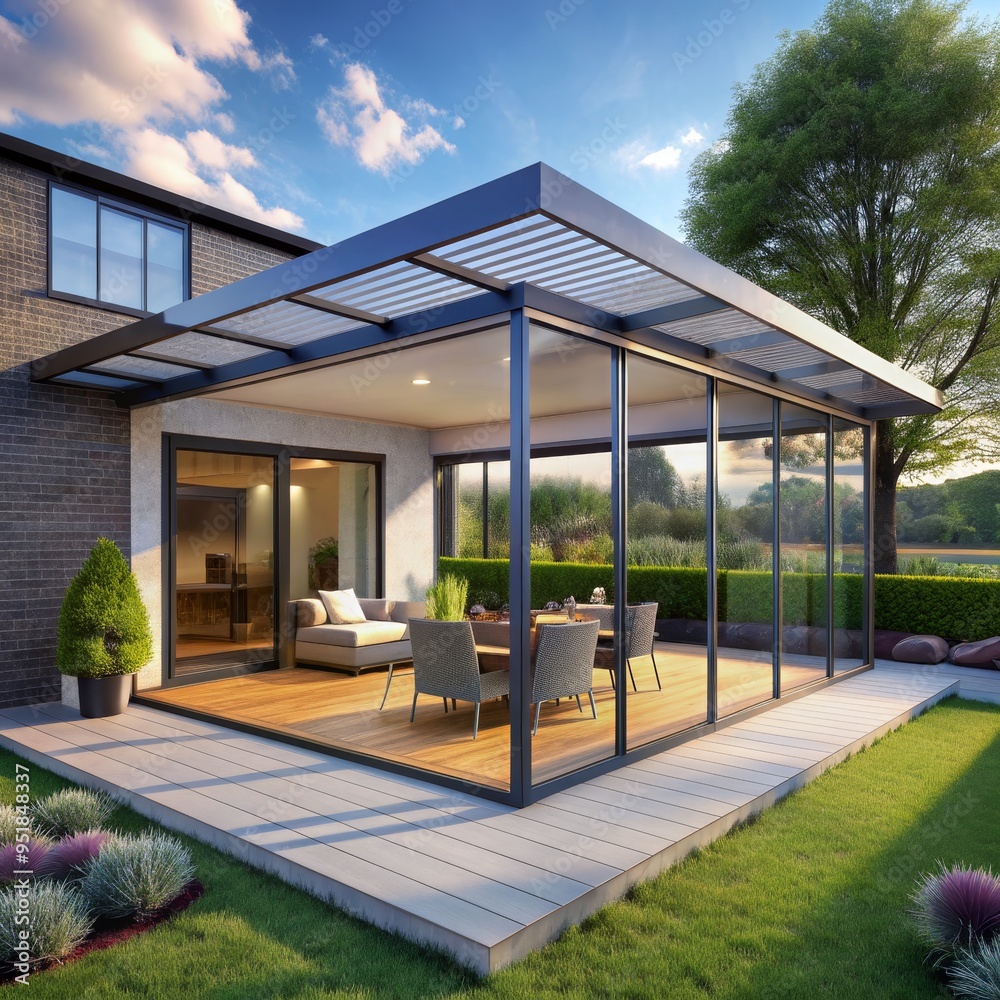 Modern Glass and Steel Sunroom with Outdoor Dining Area, 3D Rendering, Architecture, Design, Patio, Home Improvement, Sunroom Modern Glass and Steel Sunroom with Outdoor Dining Area, 3D Rendering, Architecture, Design, Patio, Home Improvement, Sunroom
