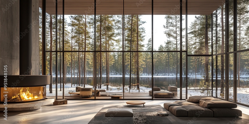 Modern house in the forest with fireplace, large windows with a view of ...