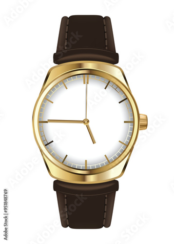 Mechanical watch in classic design. Realistic wristwatch, luxury fashion object for men on white background. Elegant business chronograph with leather bracelet