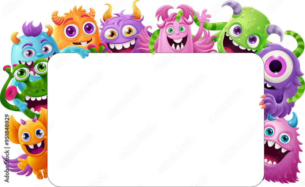 Cute monsters or aliens friends cartoon Halloween characters frame border illustration around a black background sign frame. Cute monsters or aliens friends cartoon Halloween characters frame border illustration around a black background sign frame.