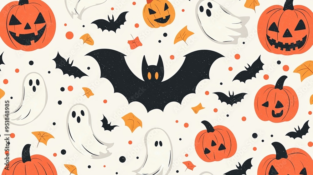 This Halloween-themed illustration showcases a playful pattern with cute white ghosts, black bats, and orange pumpkins, set against a light cream background with additional elements. This Halloween-themed illustration showcases a playful pattern with cute white ghosts, black bats, and orange pumpkins, set against a light cream background with additional elements.