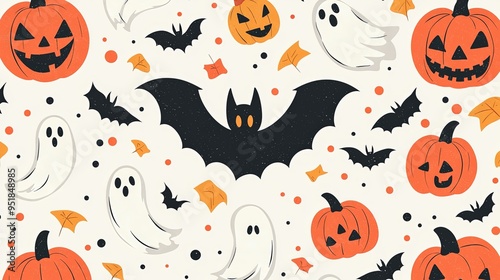 This Halloween-themed illustration showcases a playful pattern with cute white ghosts, black bats, and orange pumpkins, set against a light cream background with additional elements.