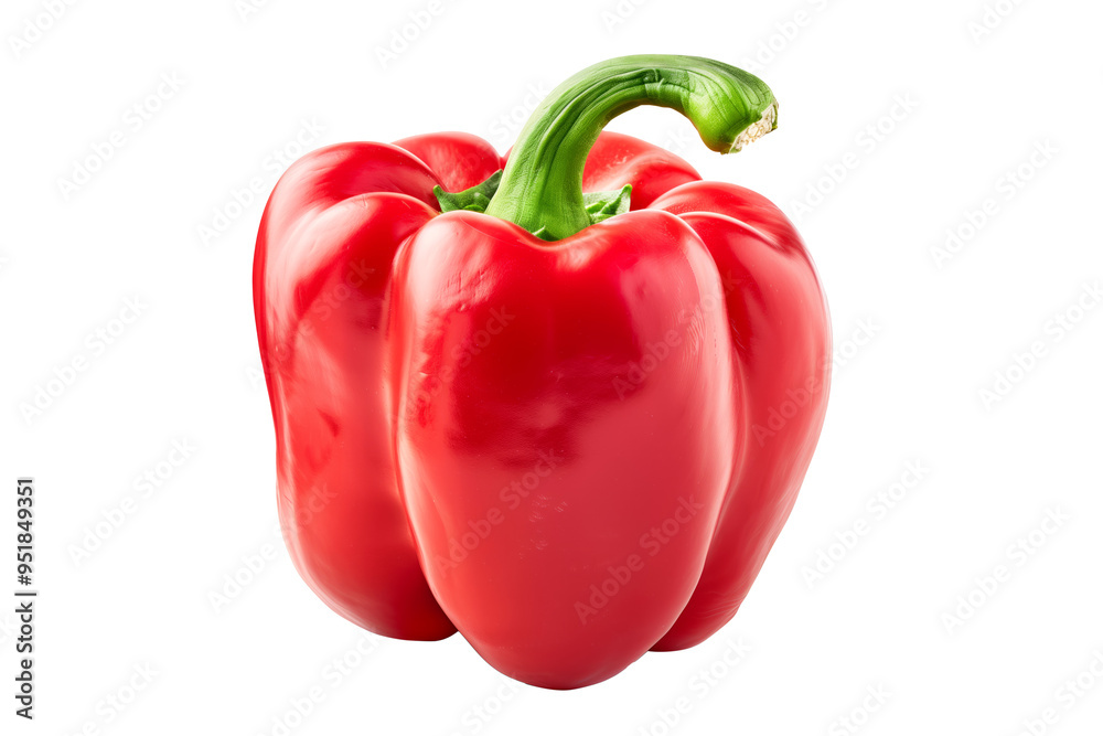 Red bell pepper with green stem isolated on a white transparent background.