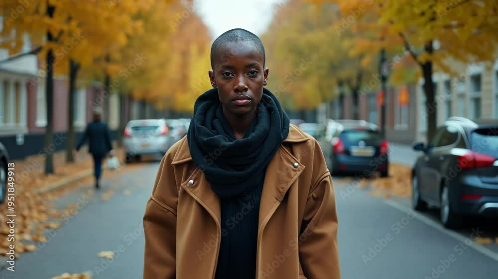 Stylish African American woman with shaved head poses confidently on the street, female model in coat walking on autumn day Stylish African American woman with shaved head poses confidently on the street, female model in coat walking on autumn day