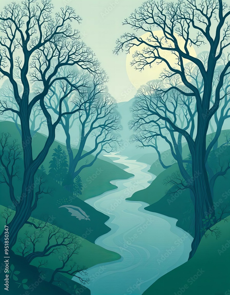 Fototapeta premium Vintage Elegant Retro Art Nouveau Landscape with Trees and River in Blue and Green Tones new beautiful stock image illustration AI