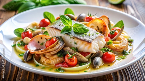 Pan-Seared Cod with Clams, Cherry Tomatoes and Basil, Seafood , Dinner , Recipe , Plate