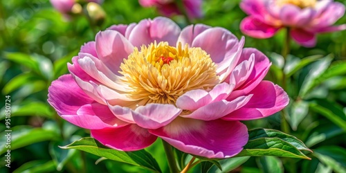 Pink and White Peony Blossom with Yellow Center, Close-up, Floral Photography, Flower Macro, Peony, Flower, Spring