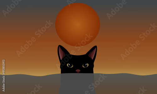 Cat Peeking from Water at Sunset - Ideal for Artistic Design, Social Media, or Background Use
