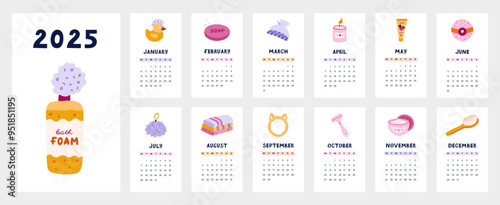 Cute calendar template for 2025 year with cartoon hygiene, shower, bathroom clipart. Calendar grid with weeks starts on Monday for kids nursery. Horizontal monthly calender layout for planning