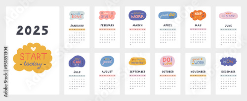 Cute calendar template for 2025 year with motivational and cheering lettering in bubbles. Calendar grid with weeks starts on Monday for kids nursery. Horizontal monthly calender layout for planning