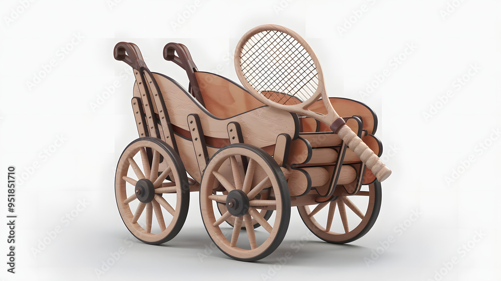 Fototapeta premium Professionally crafted 3D wooden model of a tennis cart, with white background.