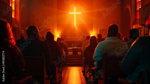 A church with a large cross in the center and a group of people sitting in pews