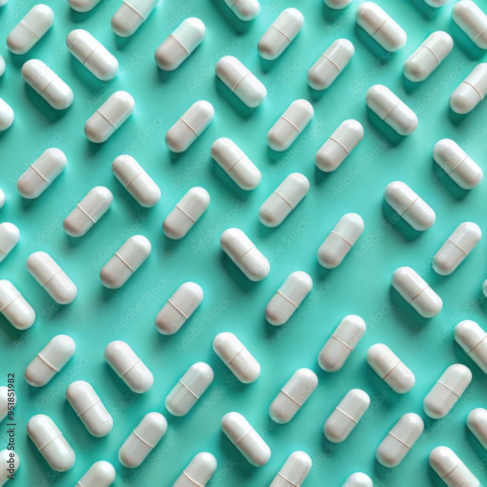 White capsules are scattered across a light turquoise background, creating a pattern. White capsules are scattered across a light turquoise background, creating a pattern.