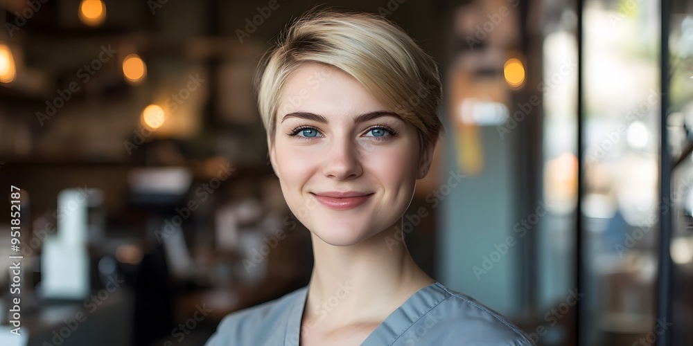 Happy Blonde Nurse Smiling in Front of Coffee Shop Happy Blonde Nurse Smiling in Front of Coffee Shop