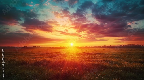 Natural Sunset Sunrise Over Field Or Meadow. Bright Dramatic Sky And Dark Ground. Countryside Landscape Under Scenic Colorful Sky At Sunset Dawn Sunrise. Sun Over Skyline, Horizon. Warm Colours. 