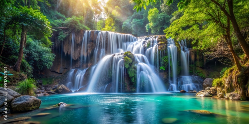 Obraz premium Serene Waterfall Cascading Through Lush Jungle, Long Exposure Photography, Tranquil Nature Scene, Tropical Paradise, Waterfall, Jungle, Nature