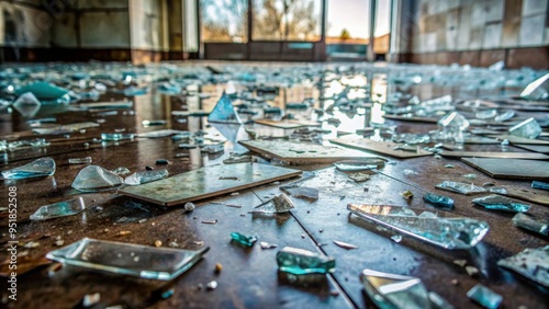 Shattered Reflections A Close-Up of Broken Glass in an Abandoned Building, abandoned, broken glass, reflection, decay, ,