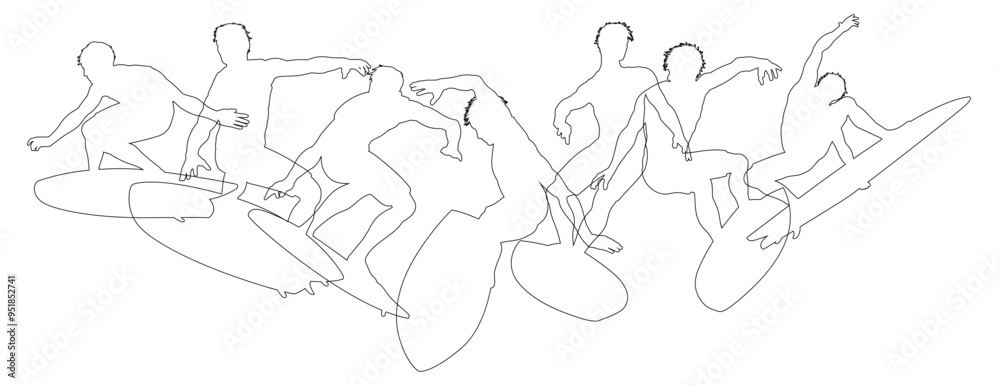 Fototapeta premium Surfers Surfing on their Surf Boards Silhouette set. Active sports people healthy players fitness silhouettes concept.