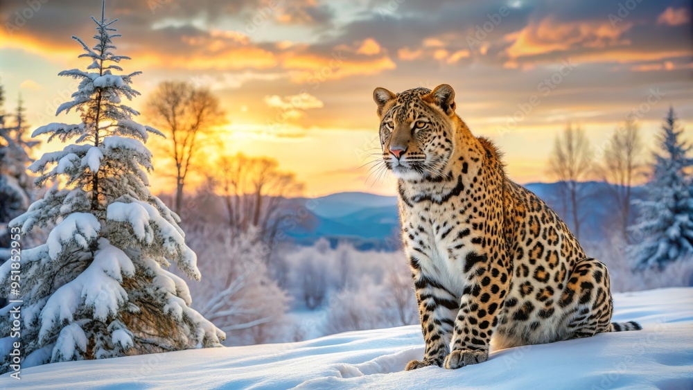 Fototapeta premium Snow Leopard in Snowy Landscape at Sunset, snowy mountains, winter wildcat, amur leopard, big cat