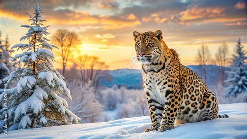 Snow Leopard in Snowy Landscape at Sunset, snowy mountains, winter wildcat, amur leopard, big cat
