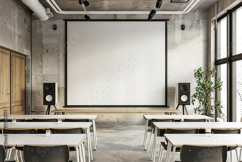 Modern Classroom with Blank Projector Screen and Seating Arrangement