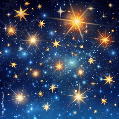 Starry Night Sky with Glowing Stars, Digital Illustration, Blue and Gold, Night Sky, Starry, Celestial, Galaxy