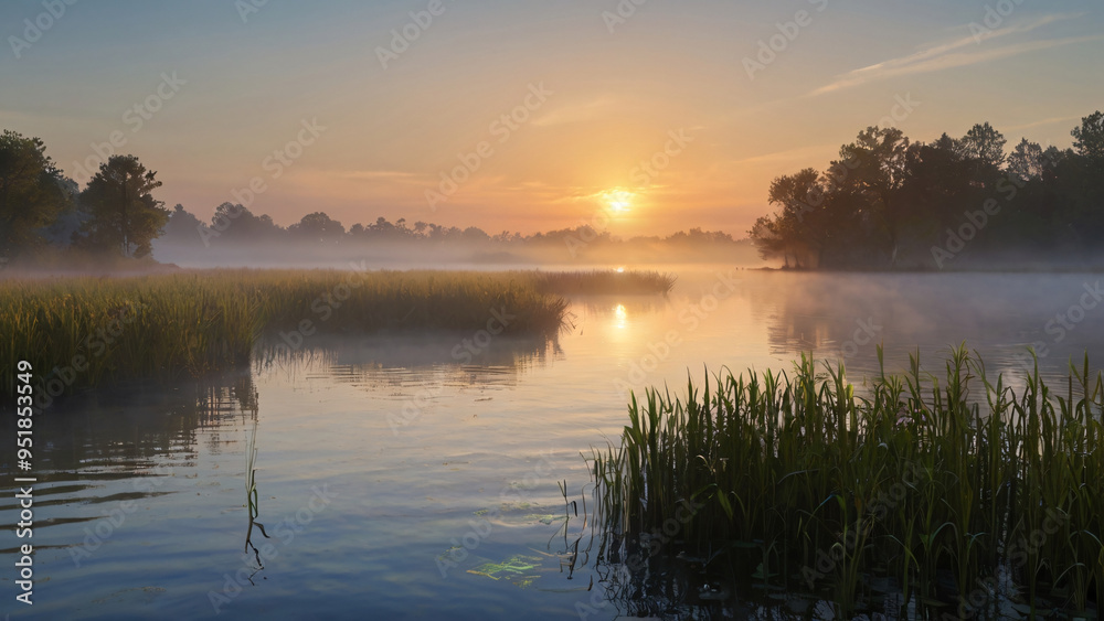 Serene sunrise over a misty lake surrounded by lush greenery, reflecting the calm water. Serene sunrise over a misty lake surrounded by lush greenery, reflecting the calm water.
