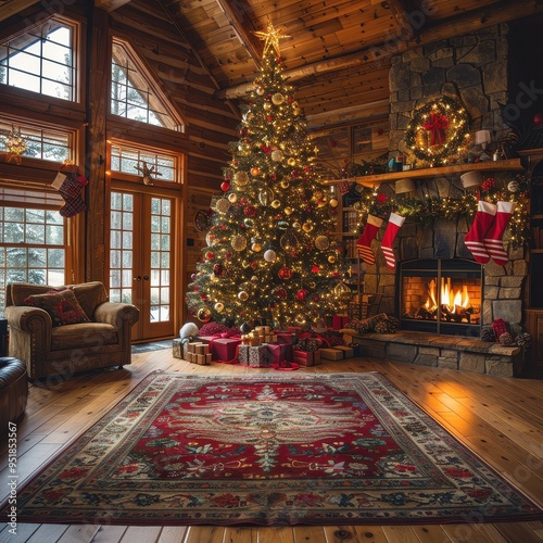 Cozy holiday scene featuring a beautifully decorated Christmas tree, warm fireplace, and inviting living space.