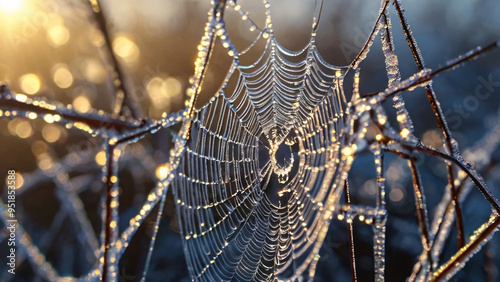 A spider web glistening with dew drops in the early morning light, creating a delicate, intricate pattern.