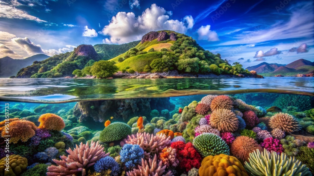 Naklejka premium Submerged Paradise Lush Island Meets Vibrant Coral Reef, underwater, tropical, coral, reef , island