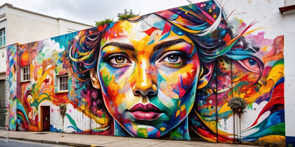 Fototapeta premium Street Art Mural A Woman's Face in Vibrant Colors, Street Art, Graffiti, Mural, Colorful