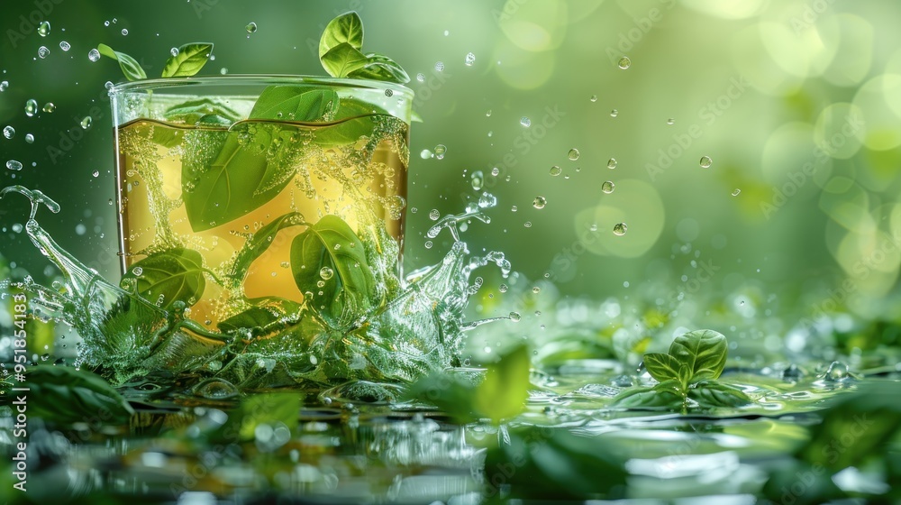 Refreshing Basil Drink Splashing in a Lush Green Setting Refreshing Basil Drink Splashing in a Lush Green Setting