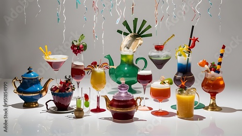 Wide assortment of freakish cocktails on a white background