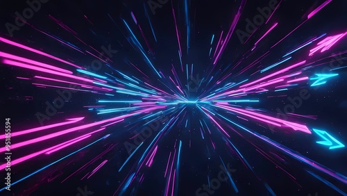 The sparkling neon light tunnel creates the illusion of infinite speed. The purple and blue lines dazzle the eyes, as if transporting us to another dimension full of mystery. photo