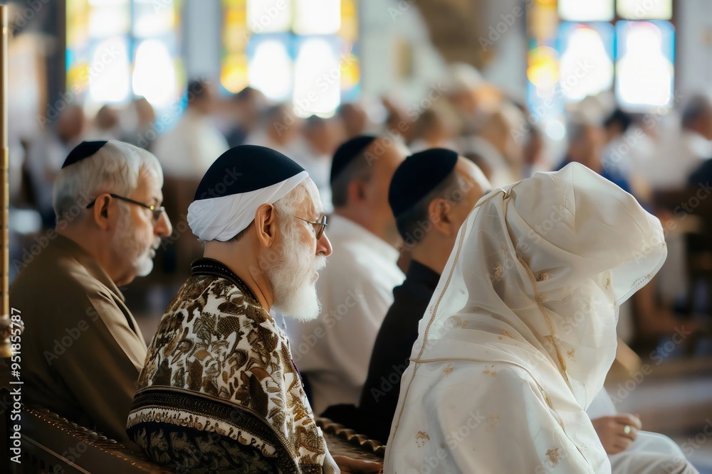 Obraz premium Devout Jewish worshipers praying in traditional robes at synagogue Yom Kippur holiest day in Judaism, prayer and reflection