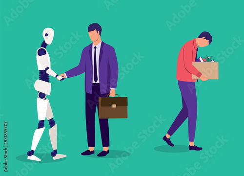 Manager Firing His Worker And Hiring An AI Robot. Sad Male Office Worker With His Belonging Just Lost His Job To An AI Robot. Manager And AI Robot Handshake.