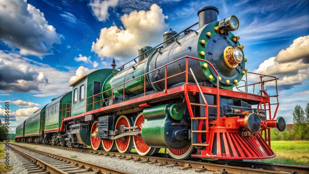 Obraz premium Vintage Steam Locomotive Under a Sunny Sky, Digital Art, Green, Red, Locomotive, Steam Engine, Train