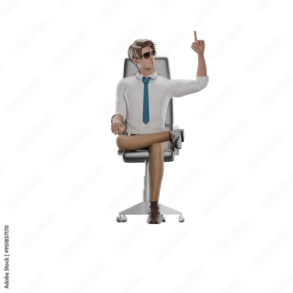 Male Teacher in Classroom Setting. Male teacher sits on a chair with his right leg bent over his left leg while his left hand is raised while pointing his index finger. 3D Character Male Teacher in Classroom Setting. Male teacher sits on a chair with his right leg bent over his left leg while his left hand is raised while pointing his index finger. 3D Character
